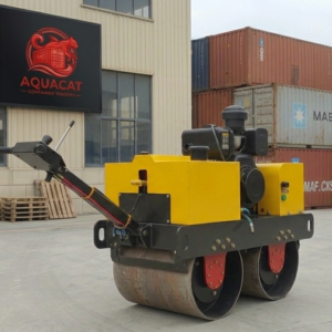 Small walk-behind mini road roller with diesel engine, ideal for compacting asphalt and soil.
