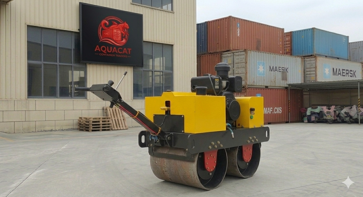 Small walk-behind mini road roller with diesel engine, ideal for compacting asphalt and soil.
